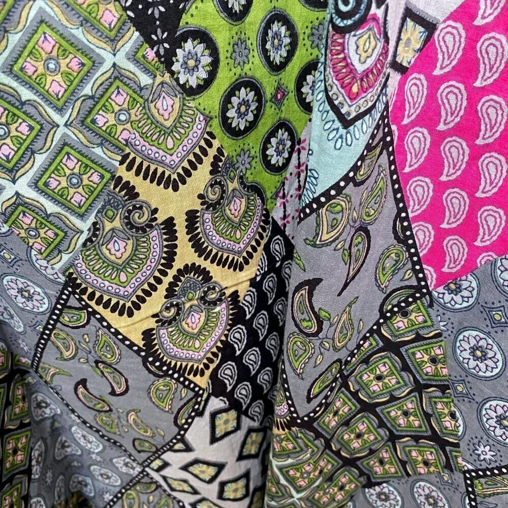 Patchwork Print Long Shirt O/S Green Kaftan Boho Artsy Cottagecore Prairie - Picture 8 of 9